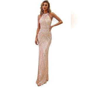 Gold Sequin Halter Dress